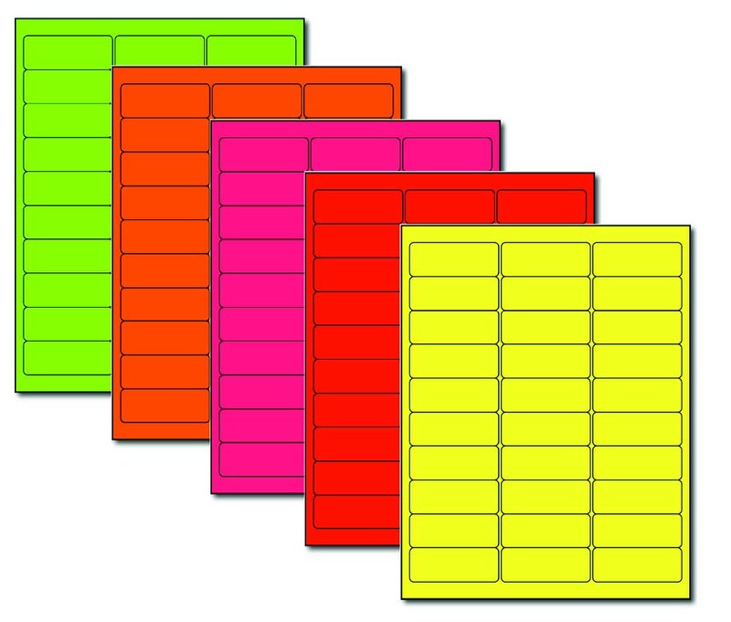 ملصقات العناوين الفلورية - 1" × 2-5/8" - 30 ملصق لكل ورقة - ملصقات بريدية بألوان نيون زاهية لرؤية عالية - طابعة نفث الحبر/ليزر (متعددة الألوان، 750 ملصق)